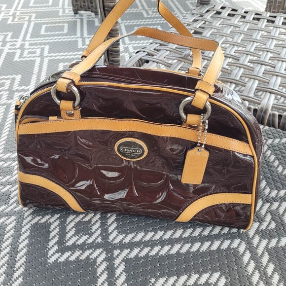 Coach F20065 Peyton Signature Embossed Patent Leather Satchel Brown/Tan - Picture 1 of 9